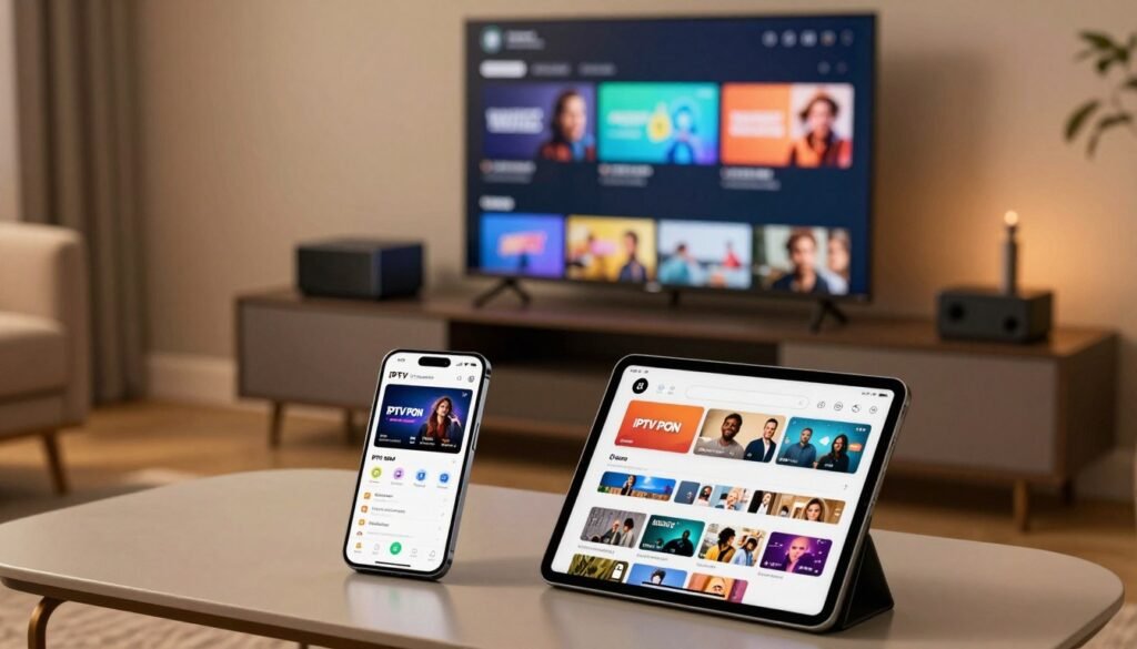 A cozy living room setting featuring an iPhone, iPad, and Apple TV displaying the user-friendly IPTV PORN app interface. In the foreground, showcase the iPhone and iPad side by side on a stylish coffee table, highlighting the playlist setup screen and various channel categories, including clear icons and vibrant colors. In the middle, the Apple TV is prominently displayed on a sleek entertainment unit, with the TV screen showing a selection of adult channels in an organized manner. The background should be softly lit with warm ambient lighting, creating a relaxed, inviting atmosphere. Use a slight overhead angle to capture the devices at their best, while ensuring the overall mood conveys convenience and accessibility to enjoy IPTV anywhere at any time.