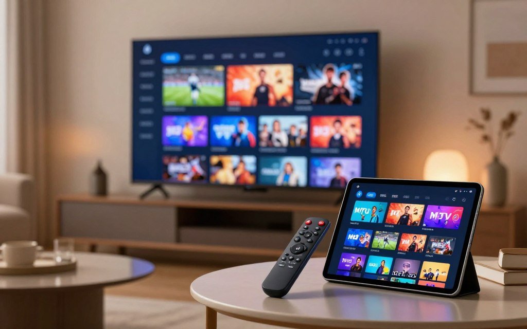 A modern digital workspace showcasing a detailed M3U playlist management interface on a sleek Smart TV screen. In the foreground, an elegantly designed remote control lies beside a tablet displaying intuitive IPTV app interfaces. The middle ground features vibrant visuals of streaming media content, encapsulating various genres like sports, movies, and music, emanating a welcoming glow. The background reveals a cozy living room with contemporary furniture, soft ambient lighting, and a sleek Smart TV mounted on the wall. The scene is captured in soft focus, mimicking a professional lens effect, creating a warm and inviting atmosphere that embodies the ease of managing IPTV content.