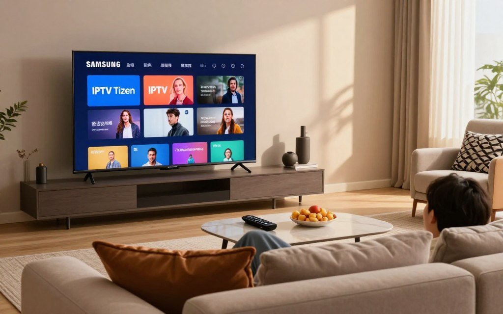 A modern living room featuring a sleek Samsung Smart TV displaying the IPTV Tizen interface, showcasing vibrant, colorful streaming content. In the foreground, a cozy couch with a stylish design and decorative pillows invites relaxation. The middle ground includes a coffee table with a remote control and snacks, symbolizing a home entertainment experience. The background presents a softly lit room with contemporary decor, highlighting the ambiance of a casual yet sophisticated environment. Natural light filters through a window, casting gentle shadows and enhancing the warm atmosphere. The mood is relaxed and inviting, perfect for family movie nights or binge-watching series in 2026.