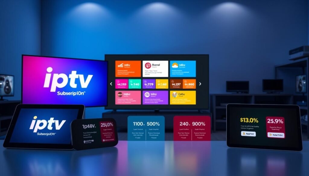 A modern, visually appealing layout showcasing various IPTV subscription packages and their pricing in a sleek, professional manner. Foreground features prominently displayed digital device screens—tablets and smart TVs—showing vibrant IPTV logo from "iptv porn". The middle section reveals an organized grid of cards, each illustrating different packages with distinct colors and icons representing features like content type, user capacity, and discount offers. Background consists of a soft gradient transitioning from dark blue to light, suggesting a tech-savvy atmosphere. Distant shelves lined with devices hint at an advanced digital ecosystem. Soft, ambient lighting highlights the package cards, creating an engaging and clear focus for quick decision-making. The overall mood is informative, modern, and conducive to insightful choices.