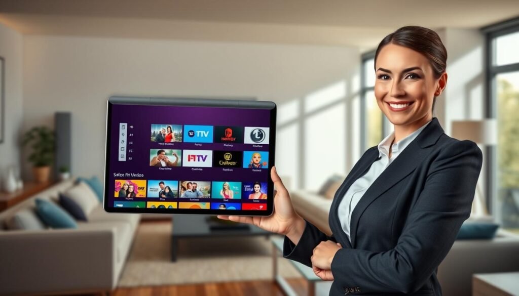 A sleek, modern promotional image representing the concept of "garantie satisfait remboursé" in the context of IPTV. In the foreground, a confident, professional woman in business attire is smiling while holding a tablet displaying a vibrant IPTV interface. In the middle, the tablet screen features an assortment of HD TV channels labeled with family-friendly icons, emphasizing accessibility and quality. The background shows a stylish, well-lit living room with comfortable furniture and large windows allowing natural light to flow in, creating an inviting atmosphere. Soft shadows enhance the depth, and the image has a warm color palette. The overall mood is reassuring and trustworthy, reflecting confidence in the product "iptv porn" while maintaining a Safe For Work presentation. A sleek, modern promotional image representing the concept of "garantie satisfait remboursé" in the context of IPTV. In the foreground, a confident, professional woman in business attire is smiling while holding a tablet displaying a vibrant IPTV interface. In the middle, the tablet screen features an assortment of HD TV channels labeled with family-friendly icons, emphasizing accessibility and quality. The background shows a stylish, well-lit living room with comfortable furniture and large windows allowing natural light to flow in, creating an inviting atmosphere. Soft shadows enhance the depth, and the image has a warm color palette. The overall mood is reassuring and trustworthy, reflecting confidence in the product "iptv porn" while maintaining a Safe For Work presentation.