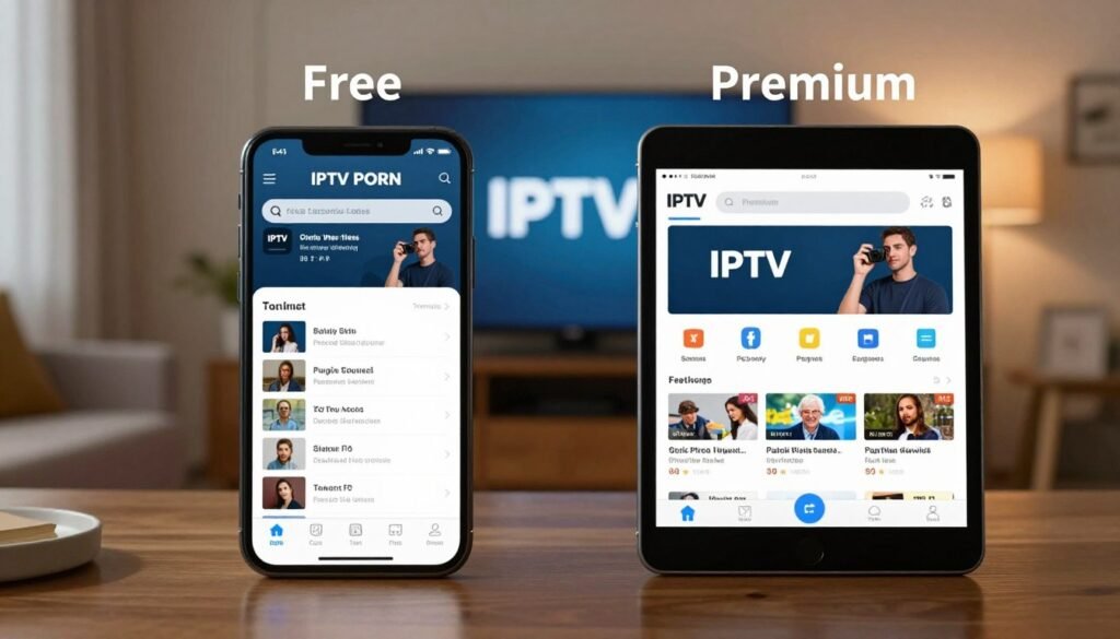 A split-screen image illustrating the differences between the free and premium versions of an IPTV app. On the left, a smartphone showing the free version interface of "IPTV PORN," featuring limited channel categories and a basic playlist setup screen. The right side displays an iPad showcasing the premium version with an enhanced user interface, including more channel categories, advanced playlist options, and a seamless viewing experience. The background is a cozy living room setting with a TV displaying the IPTV app logo. Soft, warm lighting creates an inviting atmosphere, highlighting the contrast in quality and selection between the two versions. The overall mood is professional and informative, focusing on the user experience without any explicit content.