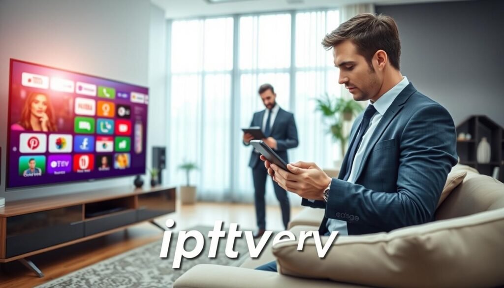 A visually striking image depicting the theme of reliable IPTV services, emphasizing the concept of "signaux offre fiable chaînes". In the foreground, create a sleek and modern living room setting, featuring a flat-screen television displaying colorful streaming icons and symbols of various channels. In the middle ground, include a confident business professional in smart attire, analyzing a digital tablet, symbolizing careful decision-making. The background should showcase a peaceful and well-lit home environment, with natural light streaming through large windows, conveying a sense of tranquility and ease. Use a soft focus on the background to draw attention to the professional and the tablet. The overall mood should be one of assurance and clarity, reflecting a smart choice in IPTV services. Include the brand name "iptv porn" subtly integrated into the design without detracting from the image's main focus.