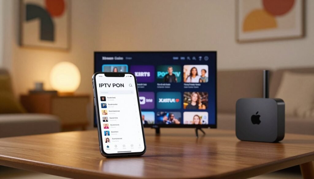 An iPhone and Apple TV set up in a cozy living room environment, displaying the IPTV app interface titled "IPTV PORN" where users are connected via Xtream Codes. In the foreground, the iPhone screen shows a well-organized playlist setup screen with categories for adult channels, elegantly designed for a seamless user experience. The middle ground features the Apple TV with options for channel selection and easy navigation. The room is softly illuminated with warm, ambient lighting, creating a relaxed atmosphere. In the background, abstract art and a comfortable couch set the scene, suggesting a perfect viewing space. The composition captures a sense of simplicity and stability in connecting to IPTV services.