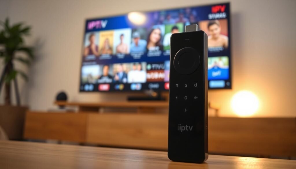 A close-up view of a modern Amazon Fire Stick, prominently displayed in the foreground. The device should have a sleek, black glossy finish, with the brand name "iptv fiable" subtly included on its side. In the middle ground, a stylish TV stand is visible, with a high-definition television screen showcasing a vibrant IPTV user interface, featuring streaming icons and colorful thumbnails of shows. The background should be softly blurred to maintain focus on the Fire Stick and TV, with warm, cozy lighting illuminating the space, creating an inviting atmosphere. The scene should evoke a sense of modern technology integration within a living room setup, emphasizing compatibility with smart TVs and ease of installation.