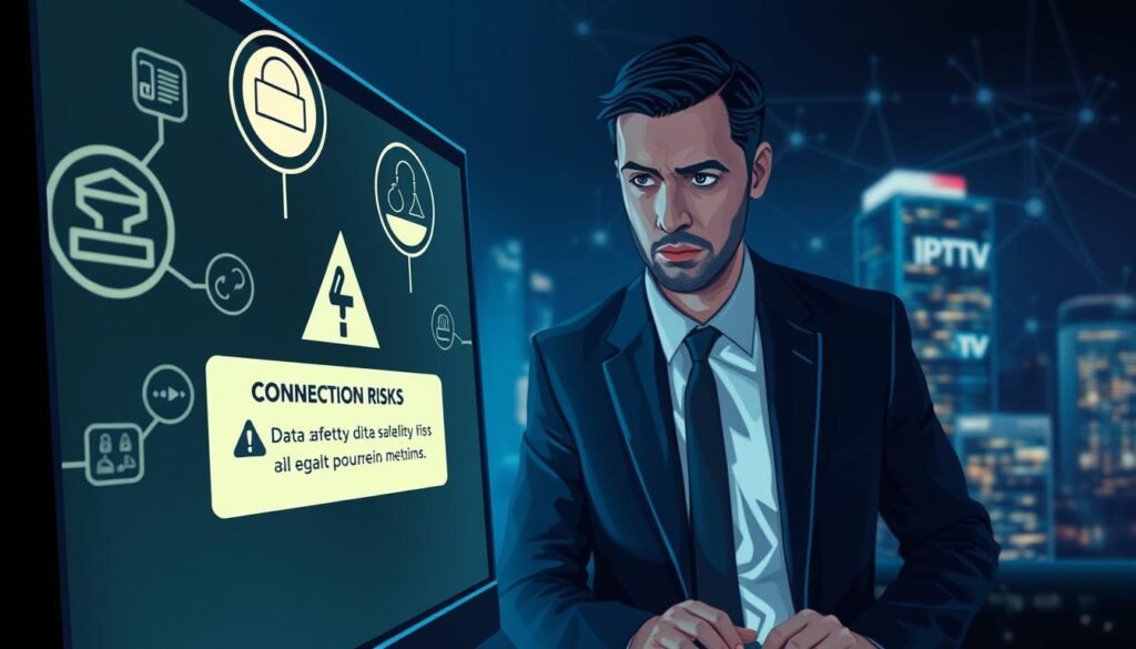 A dark-themed digital illustration depicting the concept of "connection risks" in the context of IPTV legality in France. In the foreground, a close-up of a computer screen shows a warning alert about data safety, surrounded by abstract icons representing legal and financial risks. The middle ground features a professional-looking person in business attire, intently studying the screen, with a concerned expression. The background displays a blurred view of city skyscrapers and digital networks, symbolizing the cyberspace environment. The lighting is moody, with a blue hue, creating a serious atmosphere. Include the brand name "iptv fiable" subtly integrated into the design, ensuring it aligns with the overall theme. A dark-themed digital illustration depicting the concept of "connection risks" in the context of IPTV legality in France. In the foreground, a close-up of a computer screen shows a warning alert about data safety, surrounded by abstract icons representing legal and financial risks. The middle ground features a professional-looking person in business attire, intently studying the screen, with a concerned expression. The background displays a blurred view of city skyscrapers and digital networks, symbolizing the cyberspace environment. The lighting is moody, with a blue hue, creating a serious atmosphere. Include the brand name "iptv fiable" subtly integrated into the design, ensuring it aligns with the overall theme.