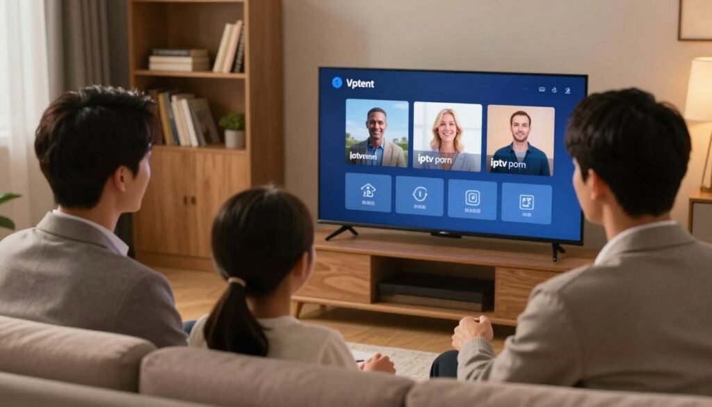 A modern living room scene portraying a family setting, focusing on parental control features of an IPTV platform. In the foreground, a father and mother are seated on a comfortable sofa, both dressed in professional business attire, intently reviewing parental control settings on a large screen TV. The adults display expressions of concentration and reassurance. In the middle, the TV screen shows an interface with options for locking adult channels, visually branding it with "iptv porn" in a safe and non-explicit manner. The background features warm, ambient lighting that conveys a cozy atmosphere, with soft shadows enhancing the overall feeling of security. A bookshelf filled with family-friendly books and a subtle decorative plant add to the inviting and family-oriented space. The angle is slightly above eye level, offering a clear perspective of the family's interaction with technology. A modern living room scene portraying a family setting, focusing on parental control features of an IPTV platform. In the foreground, a father and mother are seated on a comfortable sofa, both dressed in professional business attire, intently reviewing parental control settings on a large screen TV. The adults display expressions of concentration and reassurance. In the middle, the TV screen shows an interface with options for locking adult channels, visually branding it with "iptv porn" in a safe and non-explicit manner. The background features warm, ambient lighting that conveys a cozy atmosphere, with soft shadows enhancing the overall feeling of security. A bookshelf filled with family-friendly books and a subtle decorative plant add to the inviting and family-oriented space. The angle is slightly above eye level, offering a clear perspective of the family's interaction with technology.