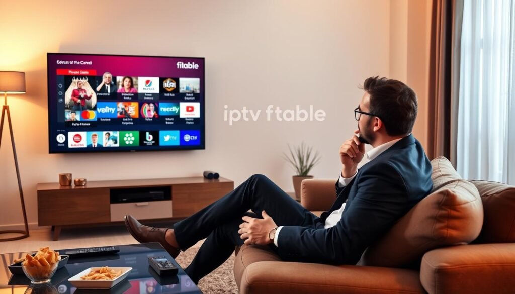 A modern living room setting featuring a sleek flat-screen TV displayed prominently on the wall, with a user-friendly IPTV interface showcasing various channels and categories. In the foreground, a comfortable couch with a coffee table adorned with remote controls and snacks, suggesting a casual viewing experience. A well-dressed person in business attire sits on the couch, attentively browsing options on the TV with a thoughtful expression. The background includes warm lighting from floor lamps and soft natural light filtering through sheer curtains, creating a cozy atmosphere. The brand "iptv fiable" is subtly integrated into the IPTV interface on the screen, enhancing the professional feel. Overall, the image conveys a sense of informed decision-making in choosing the right IPTV subscription.