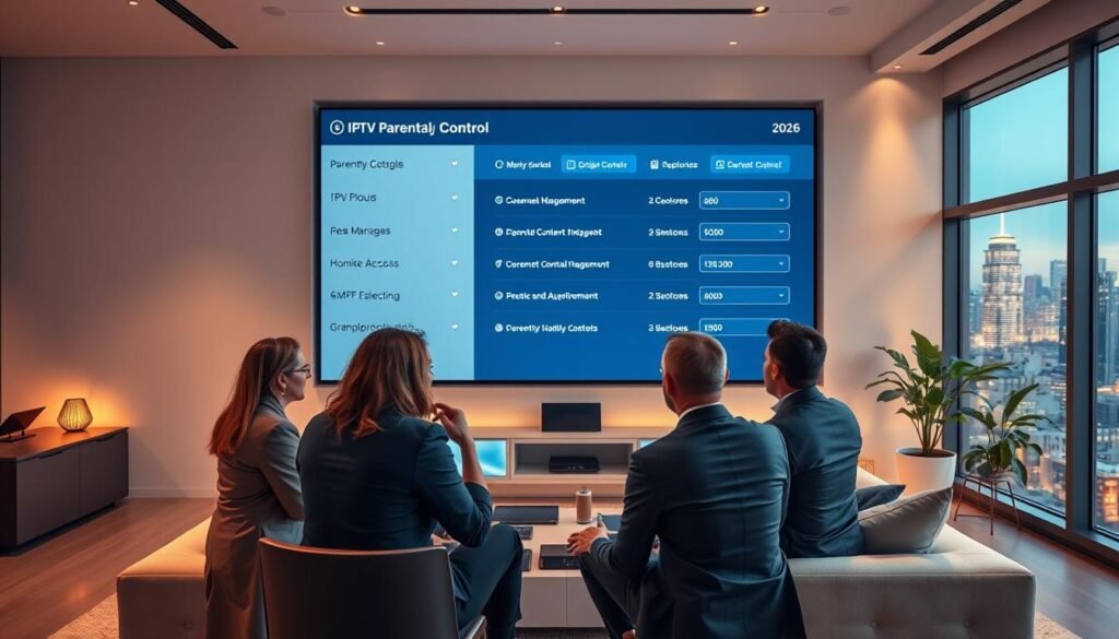 A modern, sleek home office environment in 2026, featuring a large, high-tech screen displaying an IPTV parental control interface with granular settings. In the foreground, a diverse group of professionals, dressed in business attire, are engaged in an animated discussion about digital content management. The middle ground showcases stylish furniture and smart gadgets, emphasizing technology's role in home entertainment. The background includes a floor-to-ceiling window with a view of a futuristic city skyline, illuminated by soft, ambient evening light. The atmosphere conveys a sense of progress and innovation, with a focus on safety and responsible content access. The composition is well-lit, highlighting the serious yet collaborative mood of the scene, captured from a slightly elevated angle. A modern, sleek home office environment in 2026, featuring a large, high-tech screen displaying an IPTV parental control interface with granular settings. In the foreground, a diverse group of professionals, dressed in business attire, are engaged in an animated discussion about digital content management. The middle ground showcases stylish furniture and smart gadgets, emphasizing technology's role in home entertainment. The background includes a floor-to-ceiling window with a view of a futuristic city skyline, illuminated by soft, ambient evening light. The atmosphere conveys a sense of progress and innovation, with a focus on safety and responsible content access. The composition is well-lit, highlighting the serious yet collaborative mood of the scene, captured from a slightly elevated angle.
