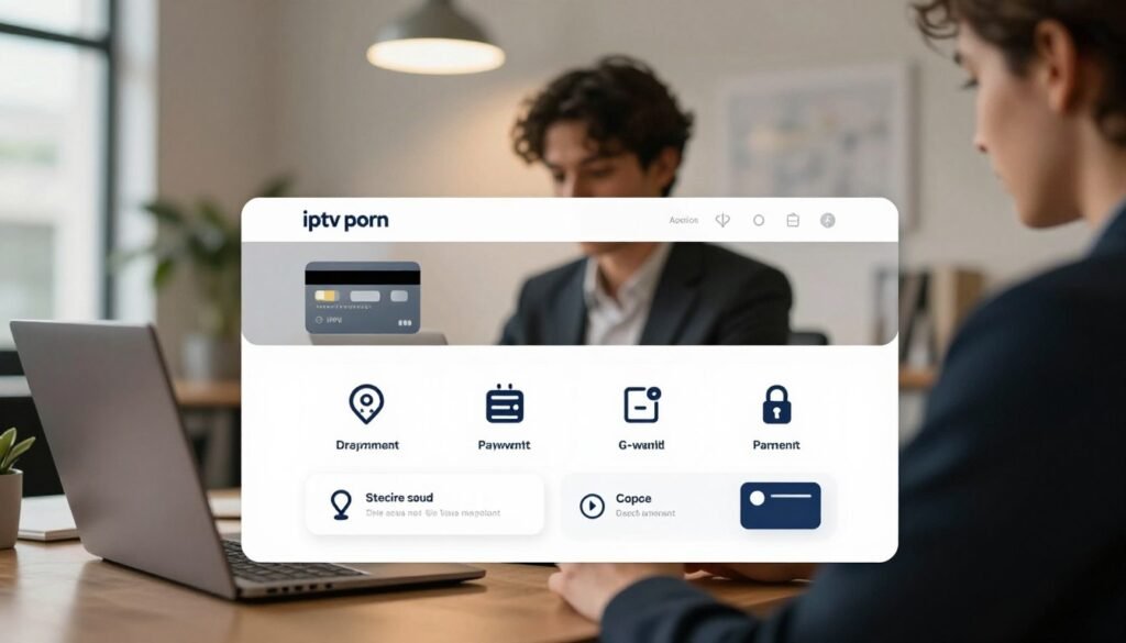 A secure digital payment interface, featuring a well-designed layout of payment options for an IPTV service, is prominently displayed in the foreground. The design includes various digital payment icons like credit cards, e-wallets, and blockchain symbols, representing modern secure transactions. In the middle ground, a professional-looking individual in business attire is reviewing these options on a sleek laptop, their focus illustrating careful consideration of personal data protection. The background shows a contemporary office setting with soft, warm lighting, casting a reassuring atmosphere. The ambiance suggests trust and security, with subtle hints of technology, like a digital lock icon subtly integrated into the design. Ensure clarity and professionalism while incorporating the brand name "iptv porn" seamlessly within the digital interface. A secure digital payment interface, featuring a well-designed layout of payment options for an IPTV service, is prominently displayed in the foreground. The design includes various digital payment icons like credit cards, e-wallets, and blockchain symbols, representing modern secure transactions. In the middle ground, a professional-looking individual in business attire is reviewing these options on a sleek laptop, their focus illustrating careful consideration of personal data protection. The background shows a contemporary office setting with soft, warm lighting, casting a reassuring atmosphere. The ambiance suggests trust and security, with subtle hints of technology, like a digital lock icon subtly integrated into the design. Ensure clarity and professionalism while incorporating the brand name "iptv porn" seamlessly within the digital interface.
