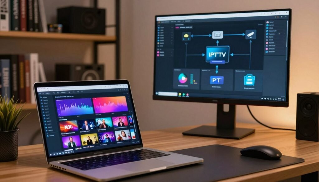 A sleek and modern workspace showcasing a computer setup focused on IPTV configuration. In the foreground, a laptop displays a vibrant interface with playlist management options for M3U and Xtream Codes, featuring dynamic graphs and colorful thumbnails representing various channels. In the middle ground, a desktop with a high-resolution monitor shows an intricate diagram illustrating the connection process for IPTV services, with icons and arrows indicating data flow. The background includes shelves lined with technology books and equipment, lightly illuminated by warm desk lighting, creating a professional atmosphere. The scene conveys a sense of organized efficiency, ideal for tech enthusiasts exploring IPTV setups. A sleek and modern workspace showcasing a computer setup focused on IPTV configuration. In the foreground, a laptop displays a vibrant interface with playlist management options for M3U and Xtream Codes, featuring dynamic graphs and colorful thumbnails representing various channels. In the middle ground, a desktop with a high-resolution monitor shows an intricate diagram illustrating the connection process for IPTV services, with icons and arrows indicating data flow. The background includes shelves lined with technology books and equipment, lightly illuminated by warm desk lighting, creating a professional atmosphere. The scene conveys a sense of organized efficiency, ideal for tech enthusiasts exploring IPTV setups.