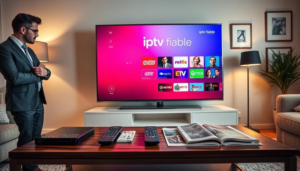 A visually striking composition showcasing the concept of legal IPTV services in France. In the foreground, a sleek, modern television screen displays a vibrant interface of the "iptv fiable" brand, featuring popular channel icons. To the left, a professional individual in smart business attire examines the screen, engaged and thoughtful. In the middle ground, a stylish coffee table holds a variety of remote controls and magazines related to TV technology, symbolizing user-friendly access to IPTV. The background features a cozy living room setting with warm lighting, soft furnishings, and framed artwork, creating an inviting atmosphere. The lighting is soft and diffused, capturing a relaxed yet informative mood, ideal for illustrating IPTV services. A visually striking composition showcasing the concept of legal IPTV services in France. In the foreground, a sleek, modern television screen displays a vibrant interface of the "iptv fiable" brand, featuring popular channel icons. To the left, a professional individual in smart business attire examines the screen, engaged and thoughtful. In the middle ground, a stylish coffee table holds a variety of remote controls and magazines related to TV technology, symbolizing user-friendly access to IPTV. The background features a cozy living room setting with warm lighting, soft furnishings, and framed artwork, creating an inviting atmosphere. The lighting is soft and diffused, capturing a relaxed yet informative mood, ideal for illustrating IPTV services.