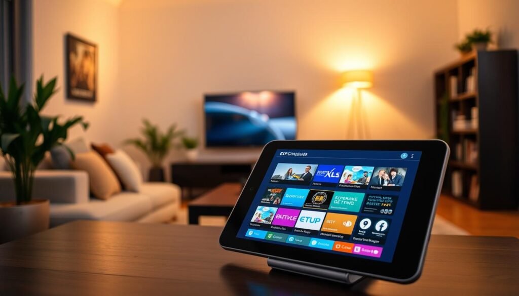 A detailed, futuristic electronic guide showcasing an Electronic Program Guide (EPG) interface. In the foreground, a sleek, digital tablet displays a vibrant EPG screen, highlighting various TV channels and program details with colorful icons and information layout. The middle features a modern living room setting, furnished with a comfortable sofa and a flat-screen TV, softly illuminated by warm ambient lighting. The background includes a stylish bookshelf and decorative plants, adding depth to the scene. Capture the mood of technological advancement and enhanced viewing experience. Use a slightly elevated angle to emphasize the tablet and the warmth of the environment, ensuring the image conveys a sense of connection between technology and home entertainment.