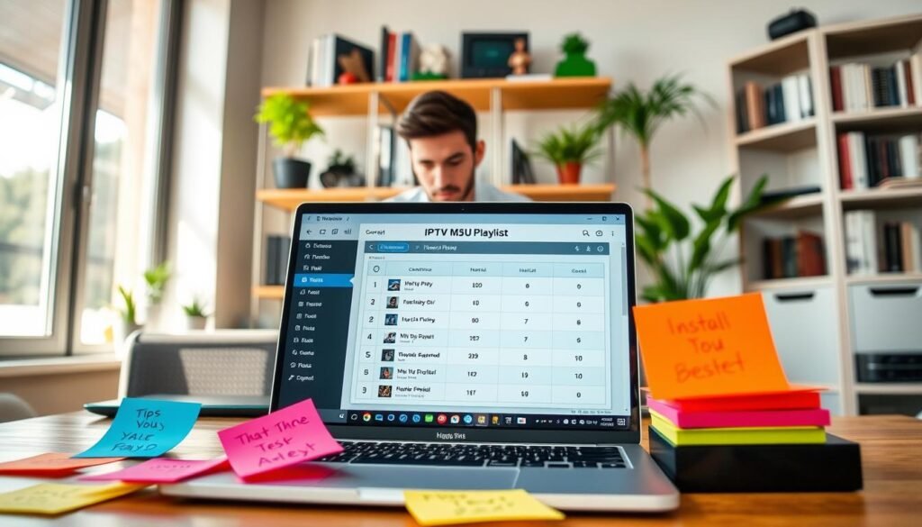 A modern home office environment featuring a sleek computer setup displaying an IPTV M3U playlist installation guide. In the foreground, there's a laptop with a detailed interface open on the screen, showing a well-organized M3U playlist. Scattered around are colorful sticky notes with tips and installation steps. In the middle ground, a person dressed in smart casual attire is focused on the screen, accessing the IPTV setup. The background shows shelves with tech books and a few plants, adding a touch of greenery. Natural light filters through a nearby window, creating a bright and inviting atmosphere. The image should convey a sense of technology and ease of use, ideal for an informative guide.