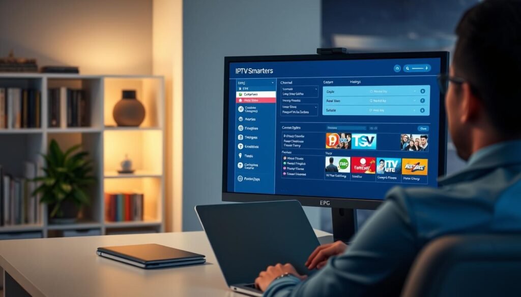A modern home office setting showcasing a computer screen displaying the IPTV Smarters application with EPG configuration options. In the foreground, a focused individual in business casual attire is seated, interacting with the software on the screen, using a sleek laptop. The middle layer features a close-up of the computer screen, clearly showing the IPTV Smarters interface, complete with vibrant channel listings and EPG settings. In the background, soft, ambient lighting creates a professional atmosphere, with a bookshelf filled with tech books and a plant adding a touch of greenery. The overall mood is one of productivity and technological innovation, captured with a slight depth of field to emphasize the connection between the user and the software.