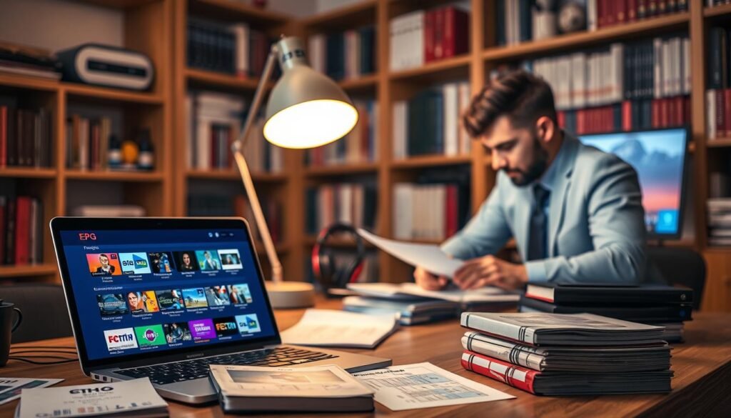 A well-organized workspace illustrating the concept of "EPG sources for French and international channels." In the foreground, a laptop screen displays a user-friendly EPG interface filled with vivid images of various French and international television channels. Surrounding the laptop are neatly arranged notepads with colorful charts and a stack of reference materials for IPTV setup. In the middle ground, a modern desk lamp casts a warm glow, accentuating a professional-looking individual in business attire, actively writing notes. The background is softly blurred, showcasing a library shelf filled with books related to media and technology. The overall mood is focused and informative, with a blend of professionalism and creativity, illuminated by warm lighting that enhances the workspace atmosphere.