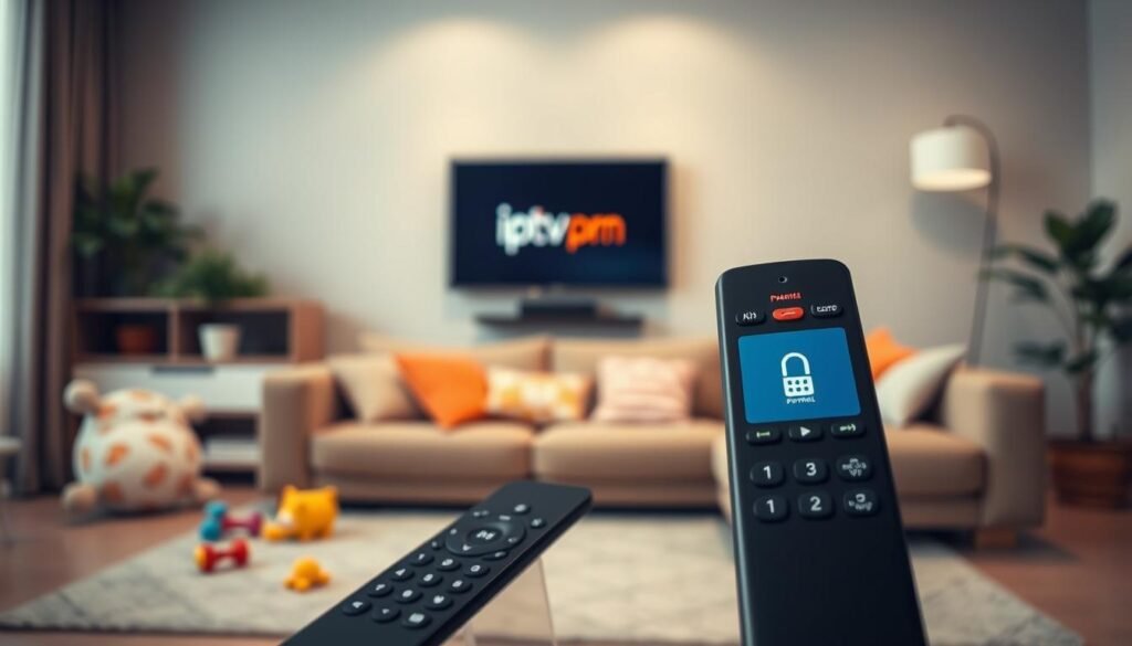 A cozy, modern family living room with a focus on child safety and parental control for media consumption. In the foreground, a sleek TV remote control is prominently displayed featuring a parental lock screen. In the middle ground, a comfortable sofa is adorned with playful, colorful cushions, suggesting a family-friendly atmosphere. A couple of children’s toys can be seen scattered around, adding to the scene’s warmth. The background features a wall-mounted TV displaying the "iptv porn" logo subtly, integrating safe viewing options within a stylish setup. Soft, ambient lighting creates a welcoming mood, while a slight depth of field blurs the background slightly, drawing attention to the remote. This image captures the essence of modern family safety technology in a loving home environment.