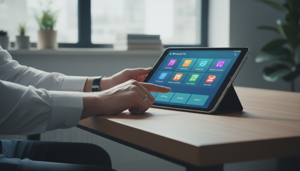 A digital composition showcasing a sleek, modern IPTV Smarters Pro application interface on a high-resolution tablet placed on a stylish wooden desk. In the foreground, emphasize the glowing screen displaying an organized list of IPTV codes, with vibrant icons and a user-friendly design. The middle layer features a pair of hands gently interacting with the tablet, clad in smart casual attire, symbolizing a user engrossed in setup. In the background, soft natural light filters through a nearby window, creating a warm and inviting atmosphere. The setting is minimalistic and professional, enhancing the focus on the device’s interface. The overall mood is informative and practical, conveying a sense of confidence in navigating IPTV services.