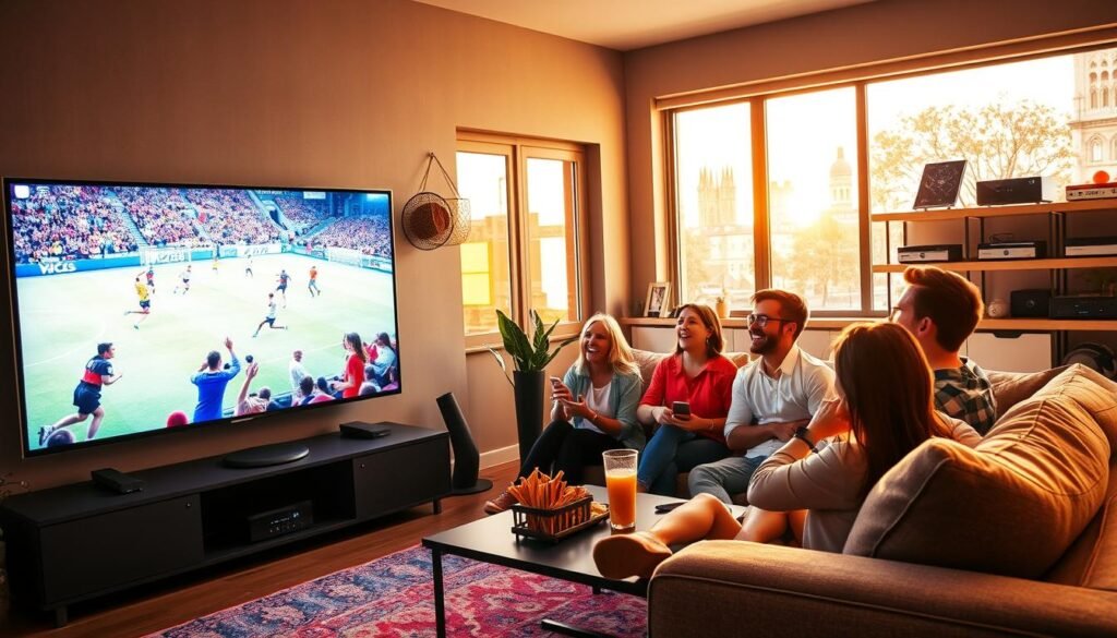 A modern living room setting bustling with excitement during a World Cup viewing party. In the foreground, a large flat-screen TV displays a vibrant soccer match with cheering fans visible on the screen. Friends, depicted in modest casual attire, sit on a cozy sofa, joyfully reacting to the game. A stylish coffee table is filled with snacks and drinks. In the middle ground, a large window lets in warm, natural light, enhancing the lively atmosphere. The background shows shelves adorned with IPTV devices, highlighting the theme of alternative IPTV solutions in France. Bright colors convey a sense of joy and camaraderie, creating a vivid, engaging scene of smart consumer choices for immersive sports entertainment. The overall tone is energetic and inviting, perfect for illustrating the concept of enjoying quality IPTV services while watching the World Cup. A modern living room setting bustling with excitement during a World Cup viewing party. In the foreground, a large flat-screen TV displays a vibrant soccer match with cheering fans visible on the screen. Friends, depicted in modest casual attire, sit on a cozy sofa, joyfully reacting to the game. A stylish coffee table is filled with snacks and drinks. In the middle ground, a large window lets in warm, natural light, enhancing the lively atmosphere. The background shows shelves adorned with IPTV devices, highlighting the theme of alternative IPTV solutions in France. Bright colors convey a sense of joy and camaraderie, creating a vivid, engaging scene of smart consumer choices for immersive sports entertainment. The overall tone is energetic and inviting, perfect for illustrating the concept of enjoying quality IPTV services while watching the World Cup.