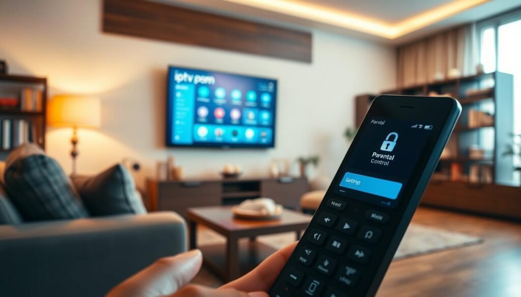 A modern living room setting highlighting a family-oriented atmosphere focused on IPTV parental control applications. In the foreground, a sleek TV remote control displaying a parental lock screen, emphasizing secure settings. The middle ground features a large wall-mounted smart TV showcasing the interface of the "iptv porn" application, with icons representing parental controls and settings. The background includes a cozy, well-lit space with comfortable seating, and a bookshelf filled with family-friendly books and decor. Soft, warm lighting creates an inviting mood, while a camera angle from slightly below eye-level captures the details of the technology setup. The overall image conveys a sense of security and family safety in digital entertainment.