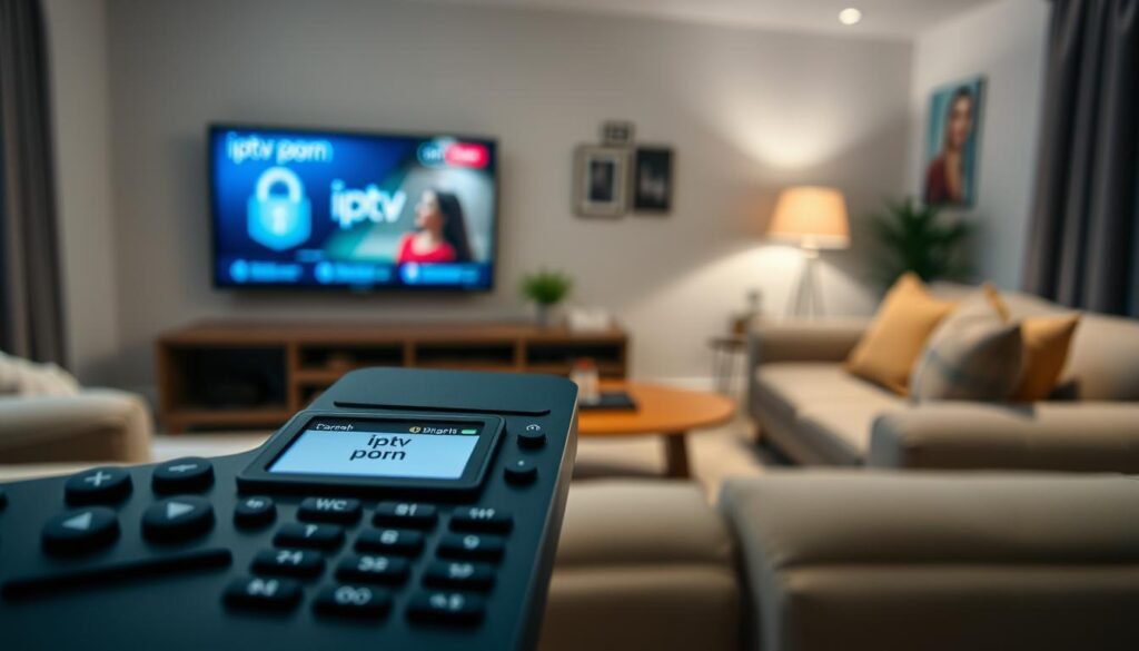 A modern, secure living room setup highlighting family safety in relation to IPTV usage. In the foreground, a sleek TV remote control featuring a parental lock screen is prominently displayed. The middle ground showcases a stylish television with a user interface depicting the brand name "iptv porn" in a secure viewing environment. The background features a cozy family setting with moderate lighting to create a warm and welcoming atmosphere. The scene conveys a sense of responsibility and vigilance, ideal for parents managing content for their family. Use a soft focus to emphasize the remote and TV while maintaining a clear view of the inviting room. Aim for a balanced composition that feels both serious and reassuring, suitable for an article about legal obligations in France regarding age verification since 2024.