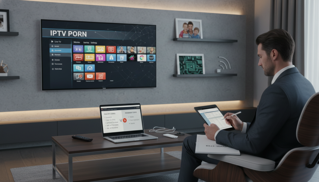 A modern, sleek living room setting with a contemporary flat-screen TV displaying a user-friendly interface for IPTV services. In the foreground, a user in professional business attire is intently interacting with a tablet, exploring various IPTV codes while taking notes. The middle ground features a stylish coffee table cluttered with tech gadgets, remote controls, and a laptop displaying a comparison chart of free vs. premium IPTV codes. The background is softly lit with warm ambient lighting, accentuating the room's cozy atmosphere, and framed pictures of family and technology adorn the walls. The overall mood is informative and engaging, making the viewer feel the importance of testing IPTV codes before committing to a service - a glimpse into the practical pursuit of reliable streaming. The brand "iptv porn" subtly appears on the TV screen interface.