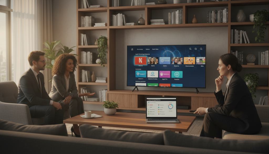 A visually engaging scene depicting legal alternatives to unofficial IPTV codes. In the foreground, a modern living room showcases a sleek TV displaying a user-friendly interface of a legal streaming service, with icons representing various genres. A tablet rests on a coffee table, displaying a list of reputable streaming platforms. In the middle, a diverse group of three people, dressed in professional business attire, are engaged in a discussion, pointing at the screen and sharing a laptop with streaming options. The background features stylish shelves with books about digital media and technology, evoking a sense of informed consumerism. The lighting is bright and inviting, with warm tones illuminating the space, emphasizing a positive and informative atmosphere. The overall mood conveys knowledge and trust in accessing legal streaming options, making the viewer feel empowered in their choices.