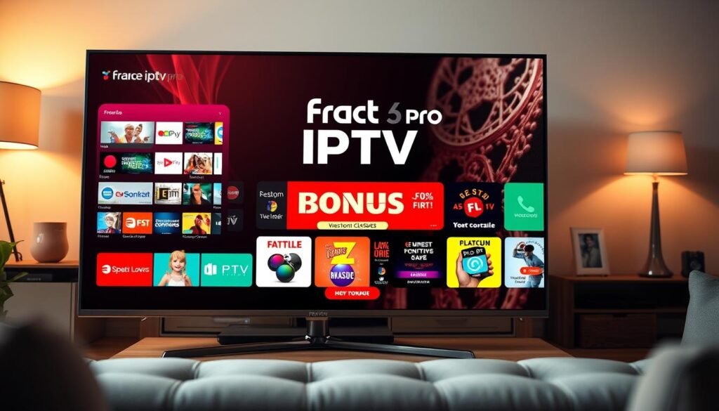 A visually striking image showcasing a variety of IPTV promotion offers, prominently featuring the brand name "france iptv pro". In the foreground, a sleek, modern smart TV displays a vibrant interface filled with colorful icons representing various TV channels and subscription options. In the middle, an attractive array of promotional banners highlights enticing bonuses, such as discounts, free trials, and package deals, designed with eye-catching colors and graphics. The background features a cozy living room setting, softly illuminated by warm ambient lighting, suggesting a welcoming atmosphere for family entertainment. The overall mood should feel dynamic and inviting, emphasizing the excitement of discovering unique IPTV deals. The viewpoint is slightly angled to capture both the TV and the promotional graphics vividly. A visually striking image showcasing a variety of IPTV promotion offers, prominently featuring the brand name "france iptv pro". In the foreground, a sleek, modern smart TV displays a vibrant interface filled with colorful icons representing various TV channels and subscription options. In the middle, an attractive array of promotional banners highlights enticing bonuses, such as discounts, free trials, and package deals, designed with eye-catching colors and graphics. The background features a cozy living room setting, softly illuminated by warm ambient lighting, suggesting a welcoming atmosphere for family entertainment. The overall mood should feel dynamic and inviting, emphasizing the excitement of discovering unique IPTV deals. The viewpoint is slightly angled to capture both the TV and the promotional graphics vividly.