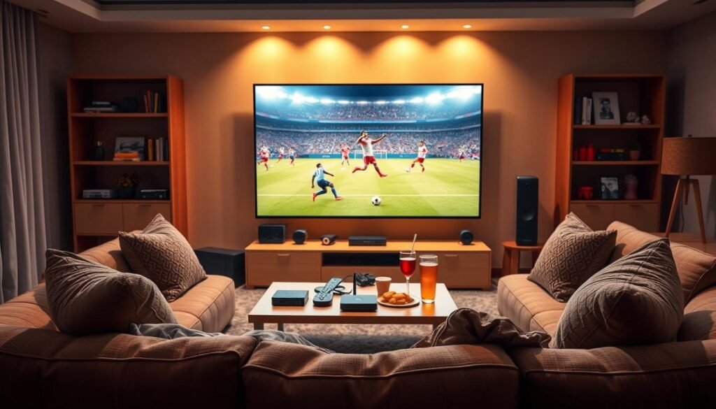 Visualize a cozy living room setting designed for a World Cup viewing party. In the foreground, a comfortable couch with plush cushions invites viewers to settle in. A large flat-screen TV is prominently displayed, showing an exciting soccer match. Surrounding the TV, various streaming devices and a smart hub symbolize the concept of free streaming and stable connections. In the middle ground, a table with snacks and drinks sets a casual atmosphere for friends gathering to watch the game, embodying a smart consumer choice. The background features warm, inviting lighting that creates a friendly and festive mood. Capture the essence of a successful streaming experience without any text or branding, ensuring a focus on the theme of connection stability for optimal viewing enjoyment. Visualize a cozy living room setting designed for a World Cup viewing party. In the foreground, a comfortable couch with plush cushions invites viewers to settle in. A large flat-screen TV is prominently displayed, showing an exciting soccer match. Surrounding the TV, various streaming devices and a smart hub symbolize the concept of free streaming and stable connections. In the middle ground, a table with snacks and drinks sets a casual atmosphere for friends gathering to watch the game, embodying a smart consumer choice. The background features warm, inviting lighting that creates a friendly and festive mood. Capture the essence of a successful streaming experience without any text or branding, ensuring a focus on the theme of connection stability for optimal viewing enjoyment.