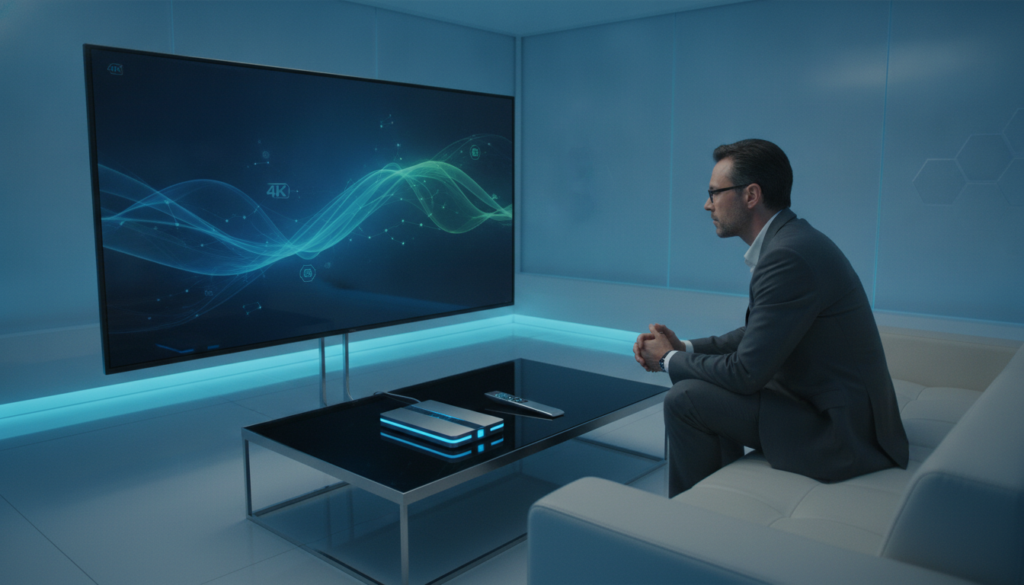 A futuristic living room setting showcasing a sleek OLED TV displaying vibrant 4K graphics related to IPTV. In the foreground, there's a modern coffee table with a stylish remote and a high-tech IPTV box connected to the TV. In the middle ground, a thoughtful individual, dressed in professional business attire, is seated comfortably on a minimalist couch, focused on the screen. The background features soft blue lighting and subtle tech-themed decor, conveying a sense of security and privacy. The atmosphere is calm and sophisticated, suggesting advanced technology and seamless streaming experience. Use a wide-angle lens perspective to capture the entire scene, enhancing the depth and technical sophistication of the environment. A futuristic living room setting showcasing a sleek OLED TV displaying vibrant 4K graphics related to IPTV. In the foreground, there's a modern coffee table with a stylish remote and a high-tech IPTV box connected to the TV. In the middle ground, a thoughtful individual, dressed in professional business attire, is seated comfortably on a minimalist couch, focused on the screen. The background features soft blue lighting and subtle tech-themed decor, conveying a sense of security and privacy. The atmosphere is calm and sophisticated, suggesting advanced technology and seamless streaming experience. Use a wide-angle lens perspective to capture the entire scene, enhancing the depth and technical sophistication of the environment.