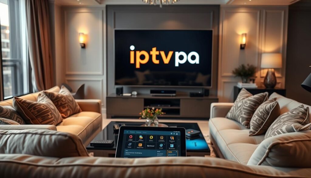 A luxurious living room setting focused on entertainment and technology. In the foreground, a sleek, modern television displays the logo "iptv porn" prominently yet tastefully. Surrounding the TV are high-end streaming devices and remote controls, hinting at premium IPTV services. In the middle ground, a stylish coffee table features a tablet showing subscription management screens, emphasizing "Gestion des abonnements". Plush sofas adorned with elegant cushions invite viewers to relax. In the background, soft ambient lighting creates a cozy atmosphere, with tasteful decor that speaks to sophistication. Capture this scene from a slightly elevated angle, showcasing depth and inviting warmth, in natural light for a homey feel. The mood is upscale and inviting, reflecting a premium adult IPTV experience.