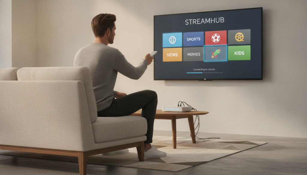 A modern living room featuring a stylish Smart TV displaying an IPTV setup interface. In the foreground, a professional-looking person in a neat, casual outfit is interacting with the TV remote, seated comfortably on a contemporary sofa. The middle ground shows the Smart TV screen with a vibrant, easy-to-navigate IPTV menu, highlighting various channels in a user-friendly layout. The background features soft ambient lighting with warm tones, enhancing the cozy atmosphere of the room. A small coffee table with a streaming device and cables is subtly visible. The scene conveys a sense of ease and accessibility in setting up a modern IPTV solution, with a focus on technology seamlessly integrated into everyday life. A modern living room featuring a stylish Smart TV displaying an IPTV setup interface. In the foreground, a professional-looking person in a neat, casual outfit is interacting with the TV remote, seated comfortably on a contemporary sofa. The middle ground shows the Smart TV screen with a vibrant, easy-to-navigate IPTV menu, highlighting various channels in a user-friendly layout. The background features soft ambient lighting with warm tones, enhancing the cozy atmosphere of the room. A small coffee table with a streaming device and cables is subtly visible. The scene conveys a sense of ease and accessibility in setting up a modern IPTV solution, with a focus on technology seamlessly integrated into everyday life.
