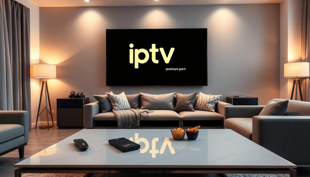 A modern living room setting, featuring a sleek, large flat-screen TV displaying the logo "iptv porn" prominently, capturing the essence of premium adult IPTV streaming services. In the foreground, an elegantly designed coffee table adorned with a remote control and snacks, inviting a relaxed atmosphere. In the middle, a comfortable couch arranged for viewers, with plush cushions and a cozy throw, offering a sense of comfort. The background includes soft lighting that creates a warm ambiance, accentuated by floor lamps with a soothing glow. The overall mood is inviting and sophisticated, reflecting a premium viewing experience while ensuring a professional appearance devoid of any explicit content. The angle is a slightly elevated view to capture the entire room's aesthetic.