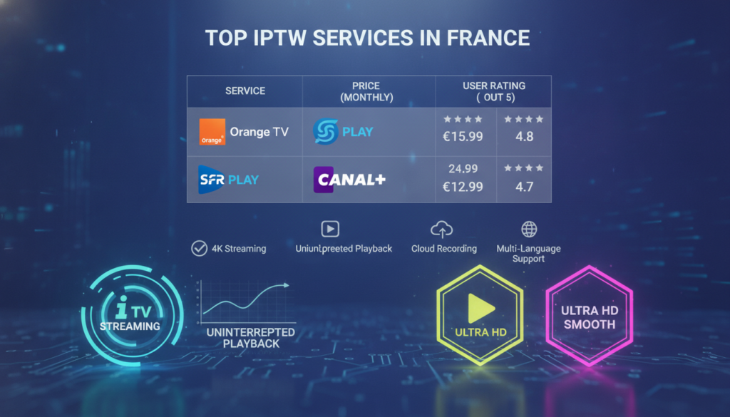 A sleek, modern comparison table illustrating the best IPTV services in France for 2026, prominently displaying features like 4K streaming and uninterrupted playback. In the foreground, several colorful graphics showcasing various IPTV logos and performance statistics, highlighted with vibrant colors. The middle ground features a visually engaging, clean layout that balances text and imagery, showcasing a brief comparison of subscription prices and user ratings. The background is a subtle gradient representing technology, perhaps with faint circuit patterns or digital motifs to evoke a tech-savvy atmosphere. Soft, even lighting enhances clarity, while a slight depth of field adds focus to the comparison elements. The overall mood is informative and professional, inviting readers to explore IPTV options confidently. A sleek, modern comparison table illustrating the best IPTV services in France for 2026, prominently displaying features like 4K streaming and uninterrupted playback. In the foreground, several colorful graphics showcasing various IPTV logos and performance statistics, highlighted with vibrant colors. The middle ground features a visually engaging, clean layout that balances text and imagery, showcasing a brief comparison of subscription prices and user ratings. The background is a subtle gradient representing technology, perhaps with faint circuit patterns or digital motifs to evoke a tech-savvy atmosphere. Soft, even lighting enhances clarity, while a slight depth of field adds focus to the comparison elements. The overall mood is informative and professional, inviting readers to explore IPTV options confidently.